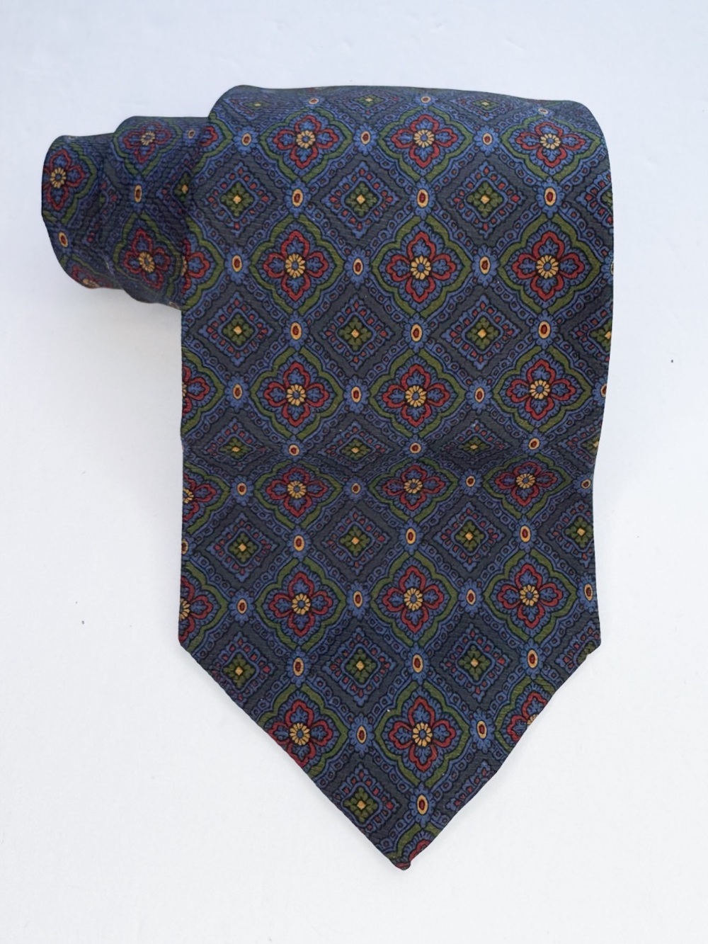 Vintage Polo Ralph Lauren Silk Necktie Geometric Medallion Hand Made USA Blue